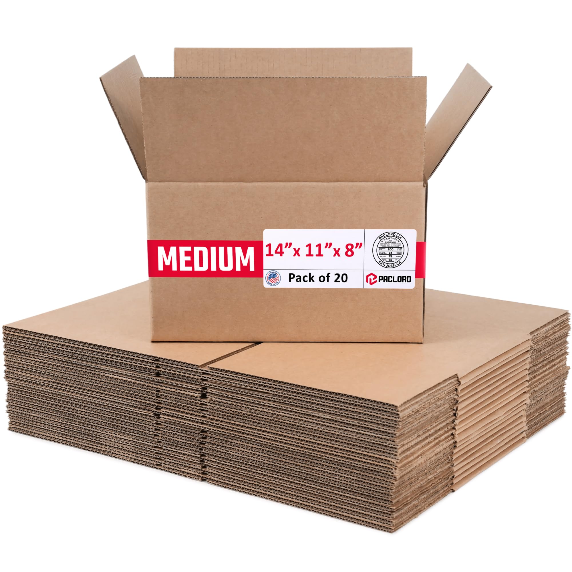 Medium Cardboard Boxes 14"L x 11"W x 8"H (Pack of 20) - USA-Made Packing Boxes for Moving, Shipping, or Storage - USPS, UPS, FedEx Approved - Professional Packing Supplies for Moving | USA-Made Packing Boxes for Moving, Shipping, or Storage - USPS, UPS, FedEx Approved - Professional Packing Supplies