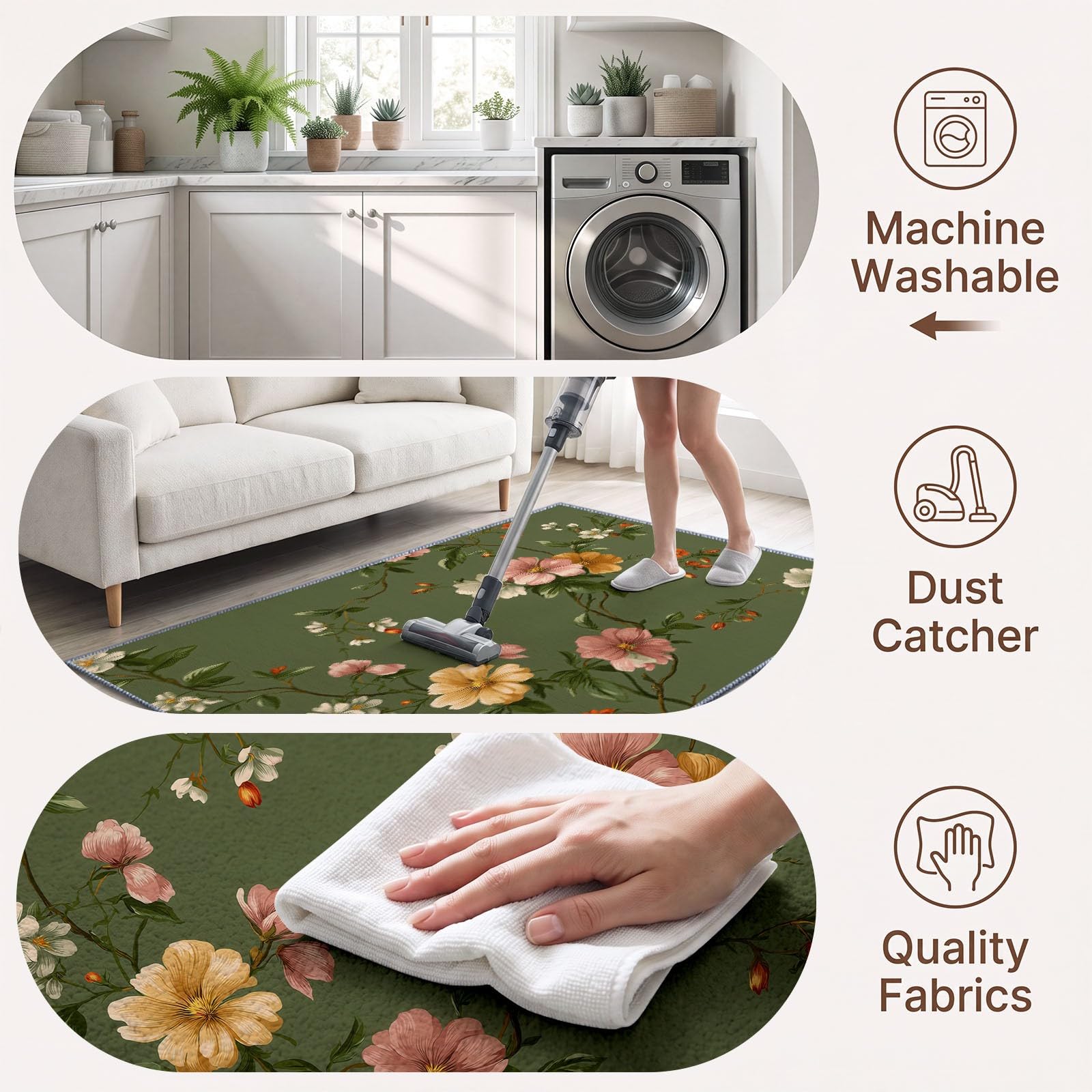 Générique Fleur Feuille Vert Foncé Tapis Salon 140x200 cm Lavable en Machine, Bohème Rétro Pastoral Tapis AntidéRapant Doux Poil Ras, pour Salon, Chambre et Salle à Manger
