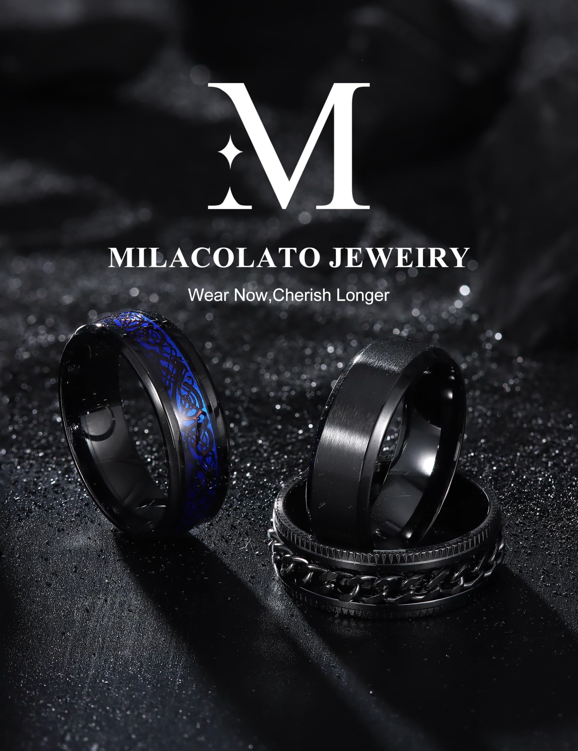 Milacolato 3 Anello Uomo Nero Acciaio Inossidabile Anello Antistress Cool Catena Ritorta Ferma Anello Celtico Drago Fascia Anello Spinner Anelli Apribottiglie di Birra, Larga 8mm