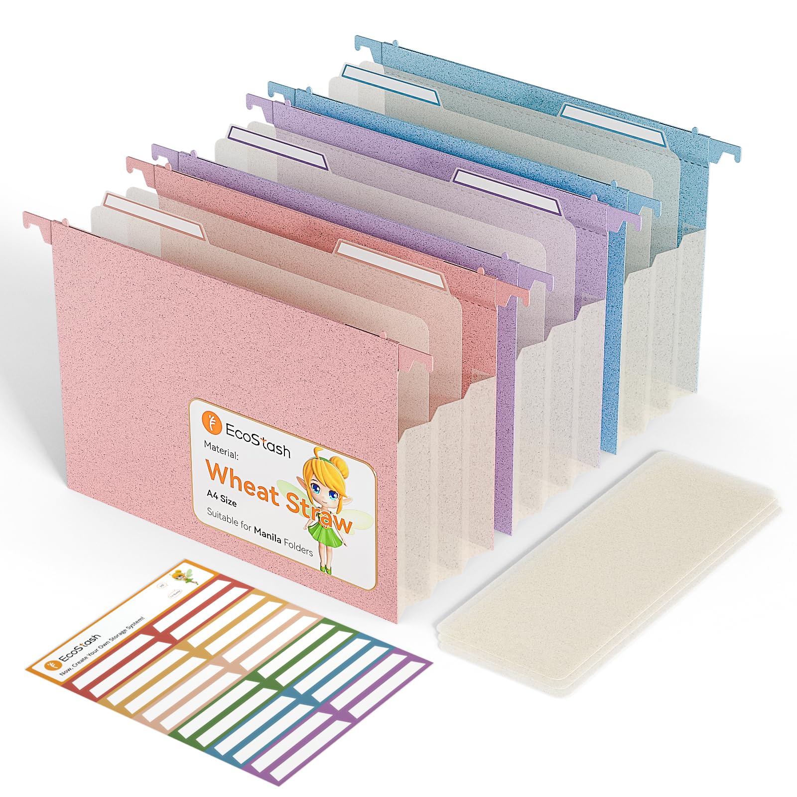 EcoStach Dossiers Suspendus A4, en paille de blé, organiseur de dossiers suspendus avec onglets et inserts pour bureau, maison et école (lot de 3, Violet, Bleu, Rose)