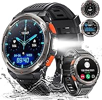 Vista 9 de Relojes inteligentes militares para hombres con linterna LED, reloj inteligente táctico resistente con 1.45 pulgadas HD, 3ATM impermeable y brújula