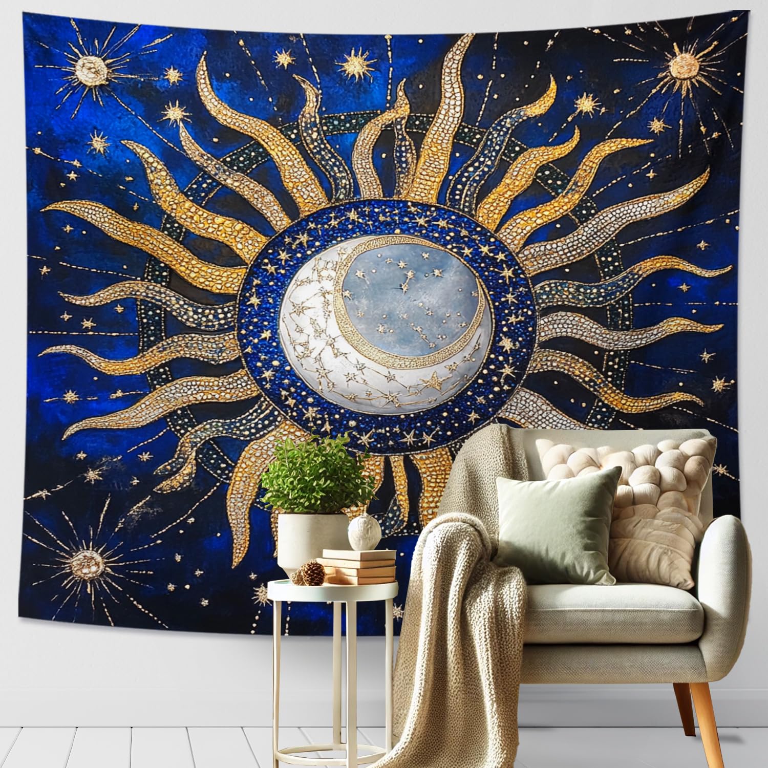 Sun and Moon Blue Gold Tapestry, Celestial Stars Decorative Wall Hanging, Mystical Tapestries Aesthetic for Bedroom, Living Room, Dorm 40x60 Inch