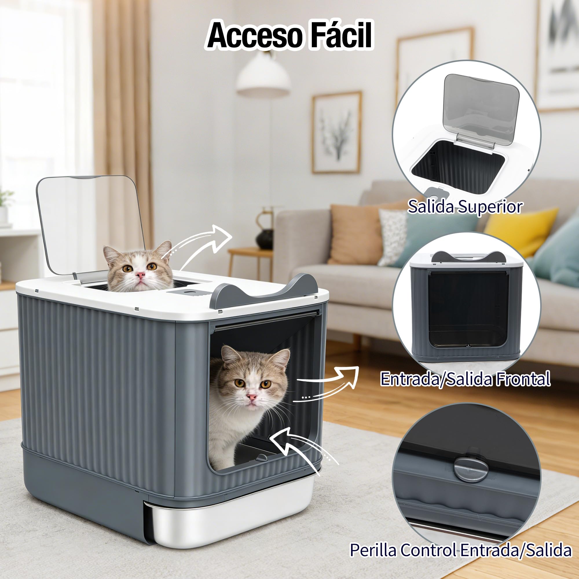 Arenero Gatos Cubierto, Arenero Cerrado para Gatos, Cajón extraíble, Incluye Pala, Catbox, Doble Entrada Frontal y Superior con Tapa