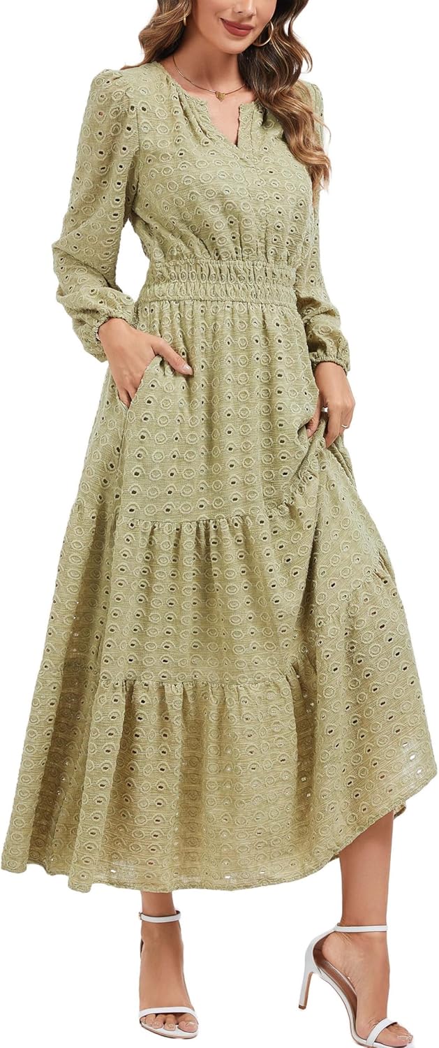 Kormei Womens Boho Fall Maxi Dress Long Sleeve V Neck Empire Waist Flowy A Line Tiered Wedding Guest Dresses with Pockets - Image 4