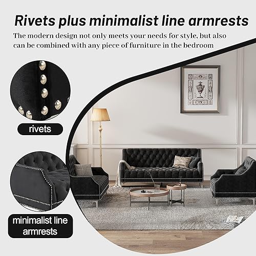 Miniatura 3 de Sofá de 3 plazas, cómodos sofás para sala de estar, sofá tapizado moderno de mediados de siglo con patas de metal y botones en la parte posterior,