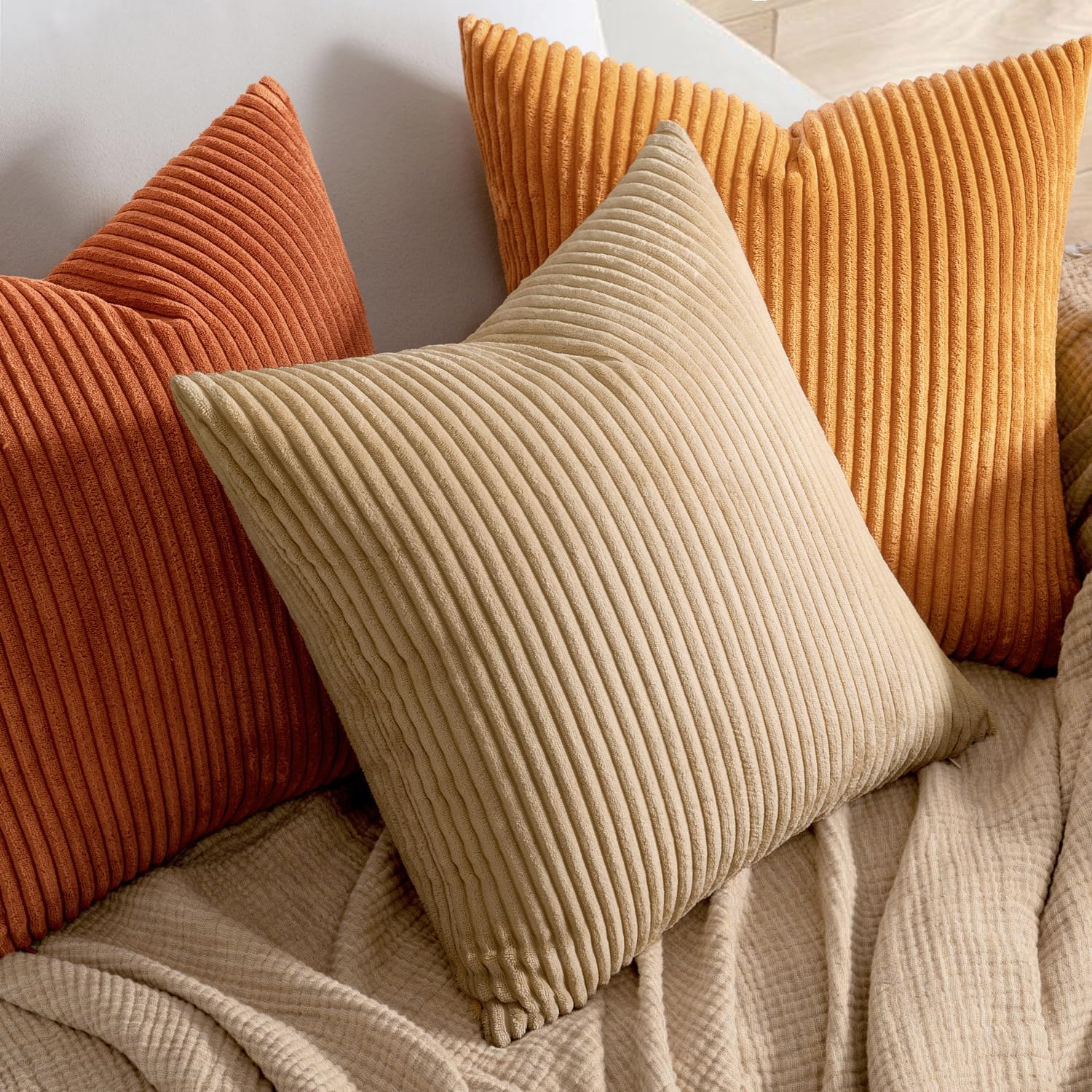 MIULEE Pack of 2 Rust Pillow Covers 20x20 Inch Soft Boho Striped Corduroy Throw Pillow Covers Set Decorative Square Cushion Cases Pillowcases for Sofa Bedroom Couch - Image 2