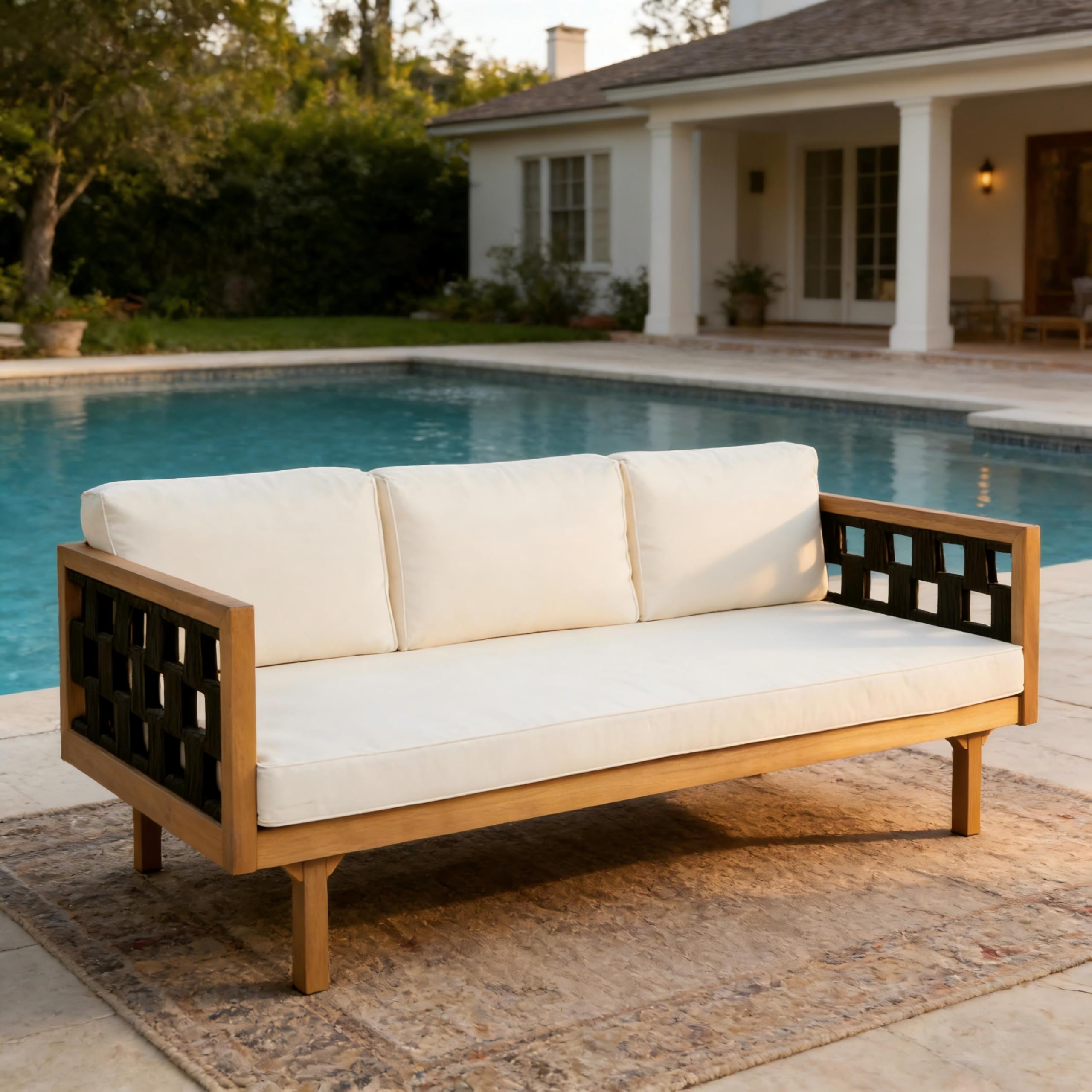 Christopher Knight Home Rosie Acacia Wood Outdoor Daybed Sofa with Water-Resistant Cushion, Solid Wood Patio 3 Seater Sofa Couch, Patio Garden Lounge