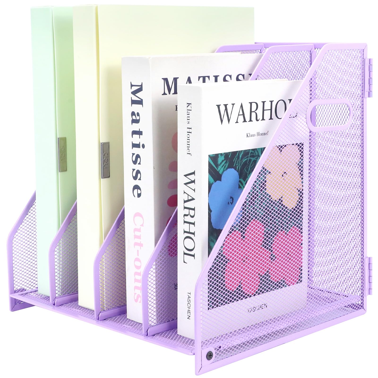 ideallife Desk Organizers, Metal Magazine File Holder with 4 Vertical Compartments Rack Binder File Organizer for Office Supplies, Home Workspace - Purple