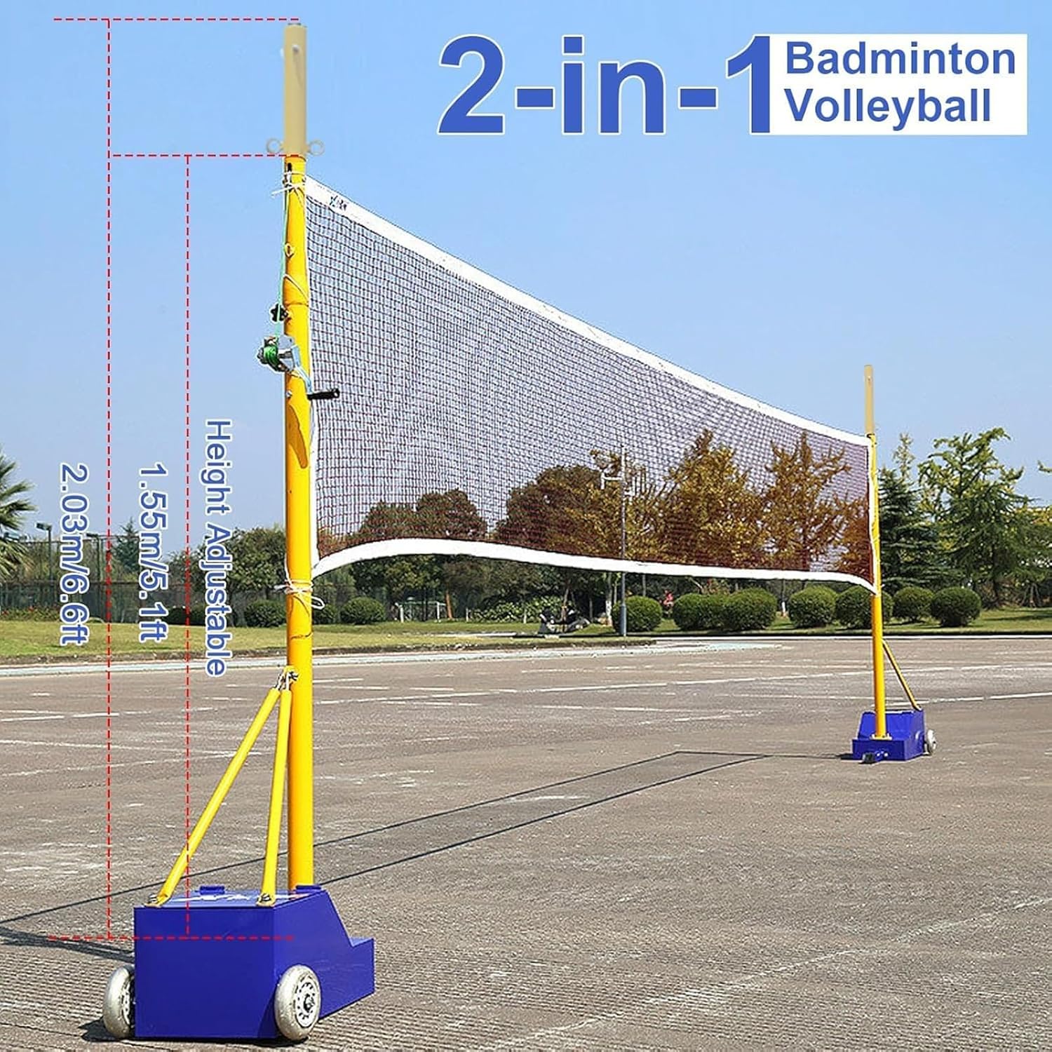 Volleyball Badminton Poles Heavy Duty Volleyball Stand with Net Portable Volleyball Poles with Net Outdoor Adjustable 4 Heights of 5ft 6.8ft with Wheels and Net for Adults Kids Stadium (Blue)