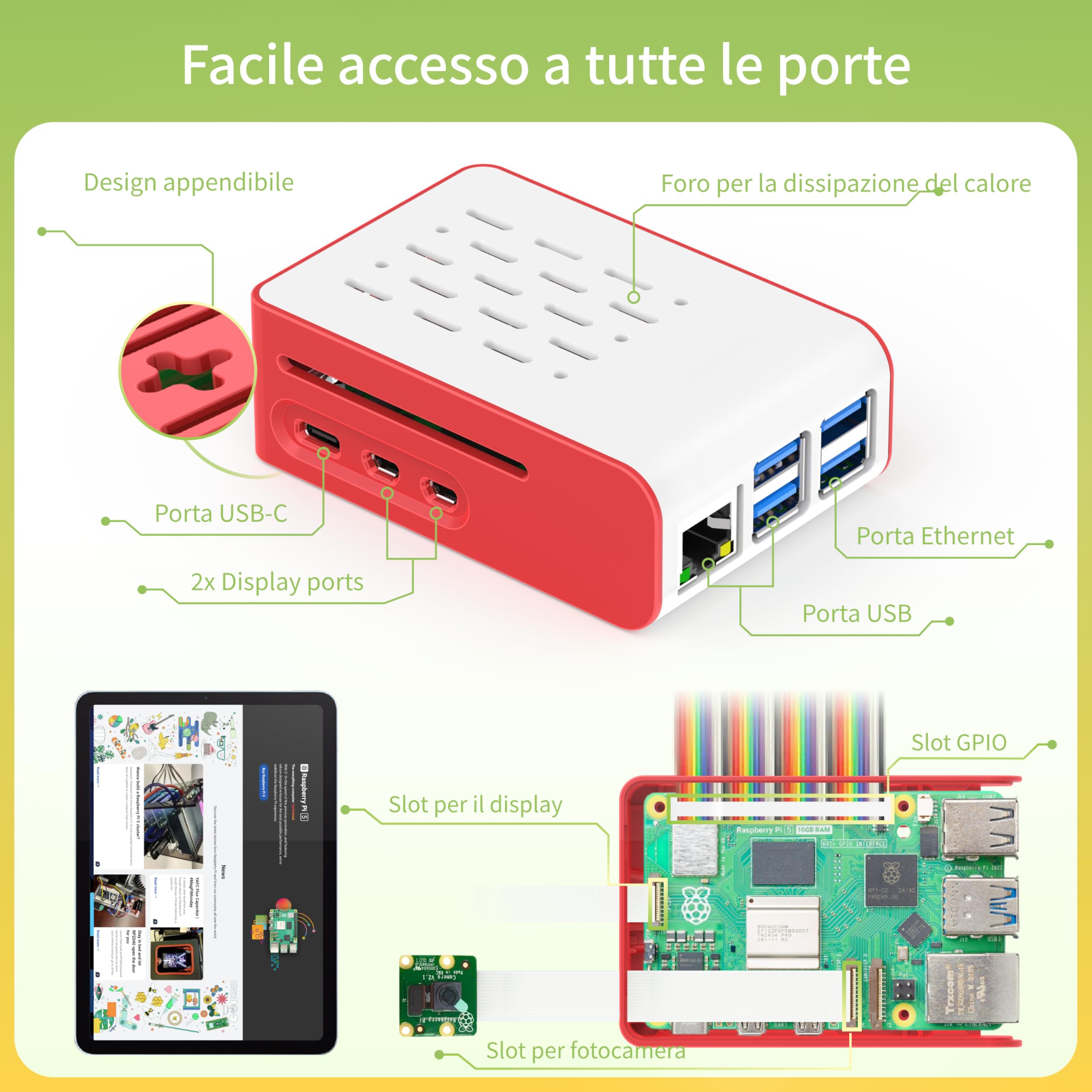 iRasptek Basic Kit For Raspberry Pi 5 16GB RAM con alloggiamento rosso e bianco e radiatore attivo