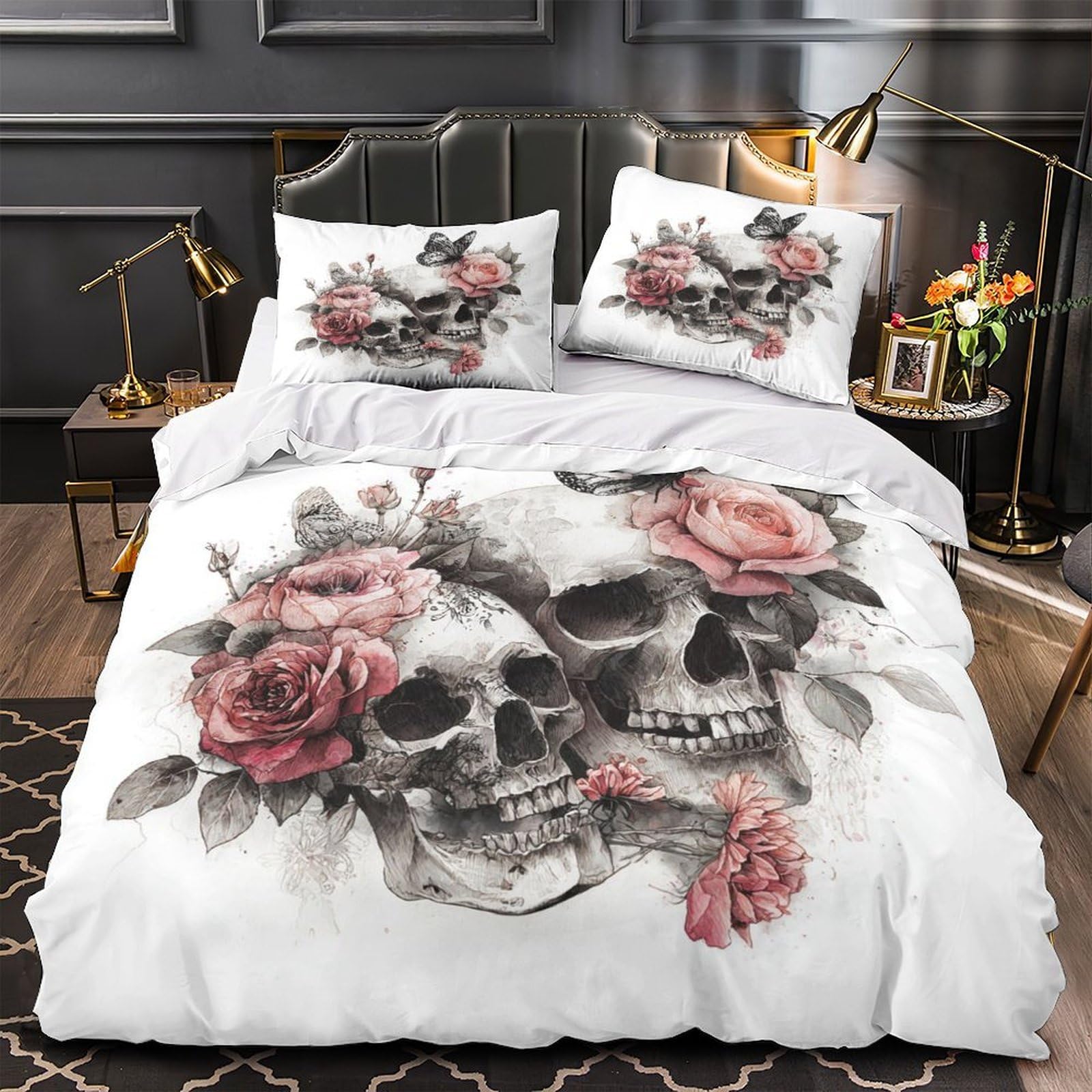 MMDASBVPE Skull Flowers Comforter Cover 3D Print Super Soft 3-Piece Bed Set Hidden Zipper gothic Floral Quilt Cover Hotel Quality Washable for Adults Women Kids Girls Boys Teens Single（135x200cm）