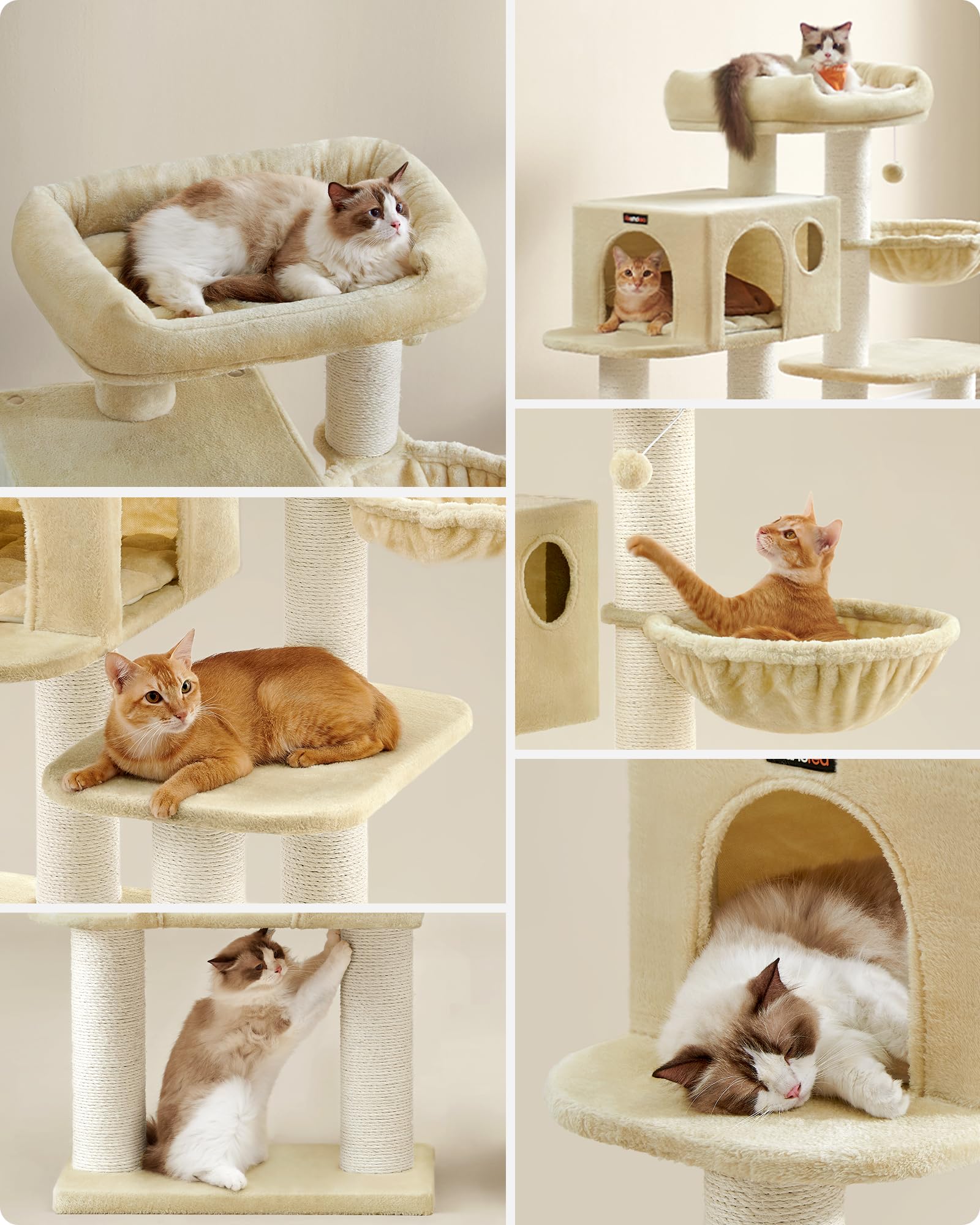 FEANDREA Árbol para Gatos, con Plataforma de Observación XXL, Tumbona de la Cesta y Cueva Grande, Postes Gruesos Envueltos en Sisal, Estable, Beige PCT01M