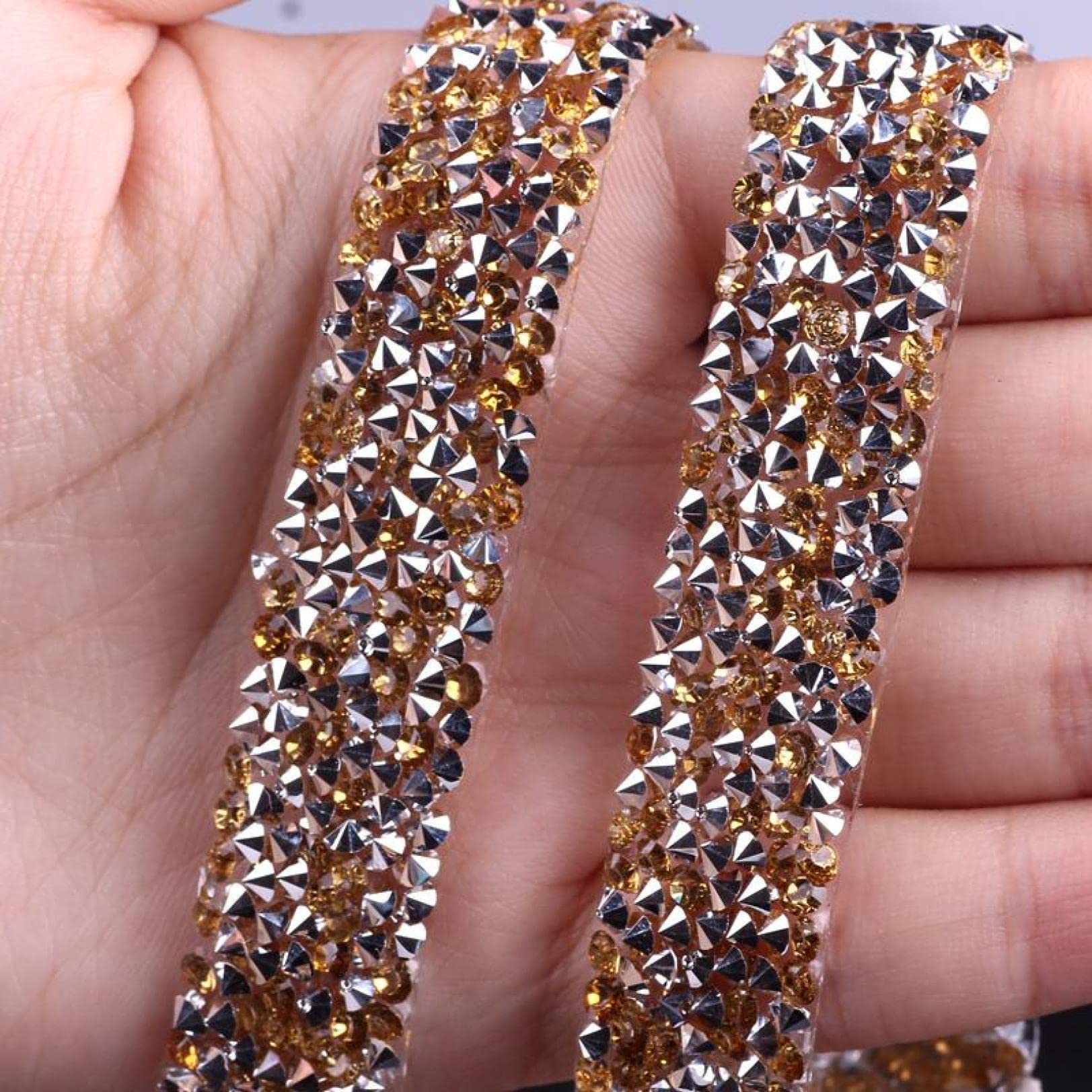ACiyD 1 Yard Strass Trim Motiv Kristall Dekoration Strass Band für Kleider Hochzeit Kleidung DIY Kristall Art Decor (Color : Silver J, Size : 1.5cm) (Gold I 1.5cm)