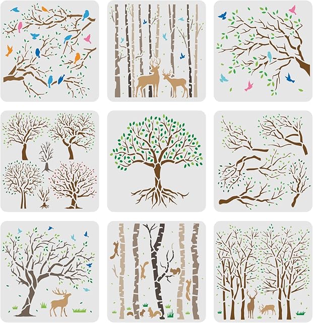 FINGERINSPIRE 9pcs Tree Stencils 20x20cm Aspen Trees/Life Tree Stencils Painting Stencil Reusable Tree and Flying Birds Stencils for Painting on Wood Canvas Paper Fabric Floor Wall Tile