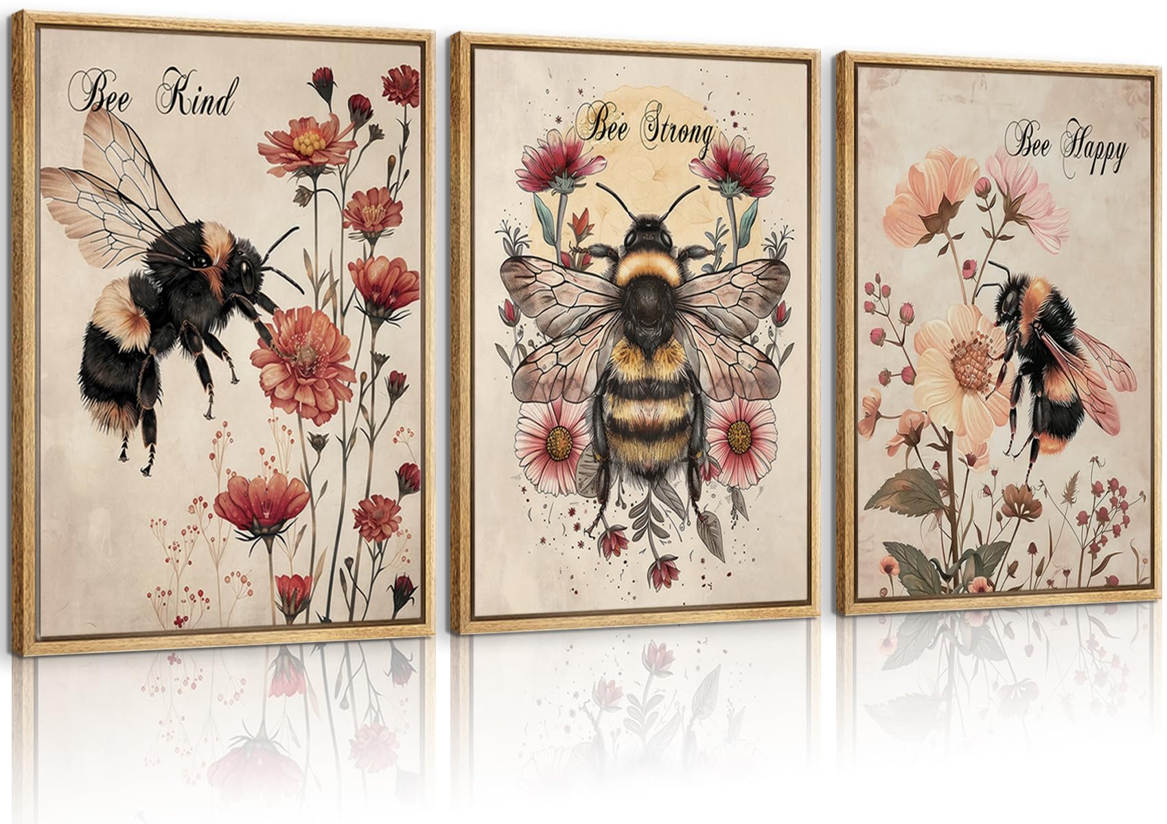 3Pcs Vintage Bee Floral Canvas Wall Art Strong Happy Kind Inspirational Poster Print Wall Decor Funny Insect Painting Picture Suitable for Living Room