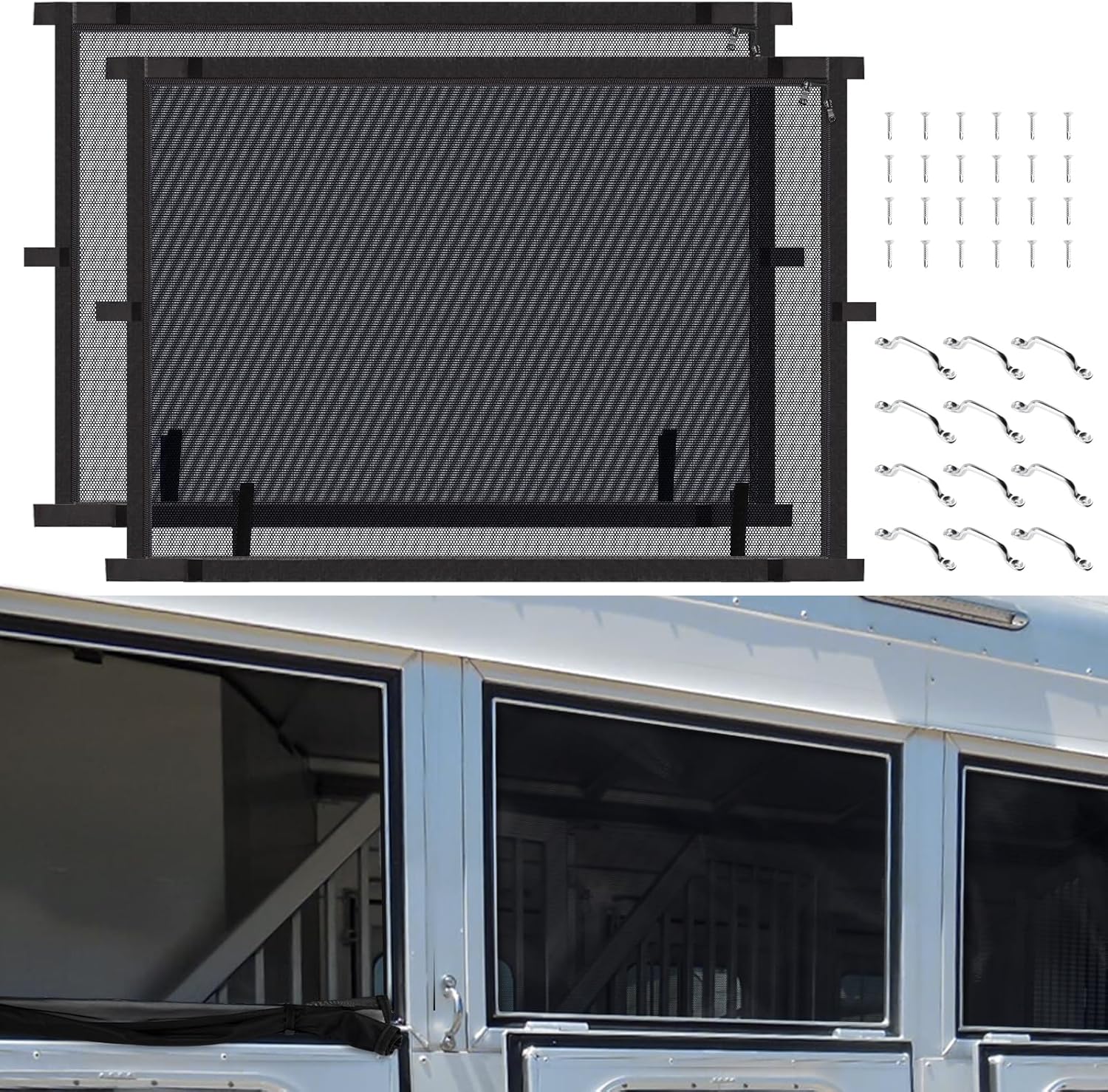 JDMON Horse Trailer Window Screen with Zipper 35 In Length x 26 In Heigh With Fixing Handle * 12 Screws * 24 Trailer Bar Window Screen (2PCS)