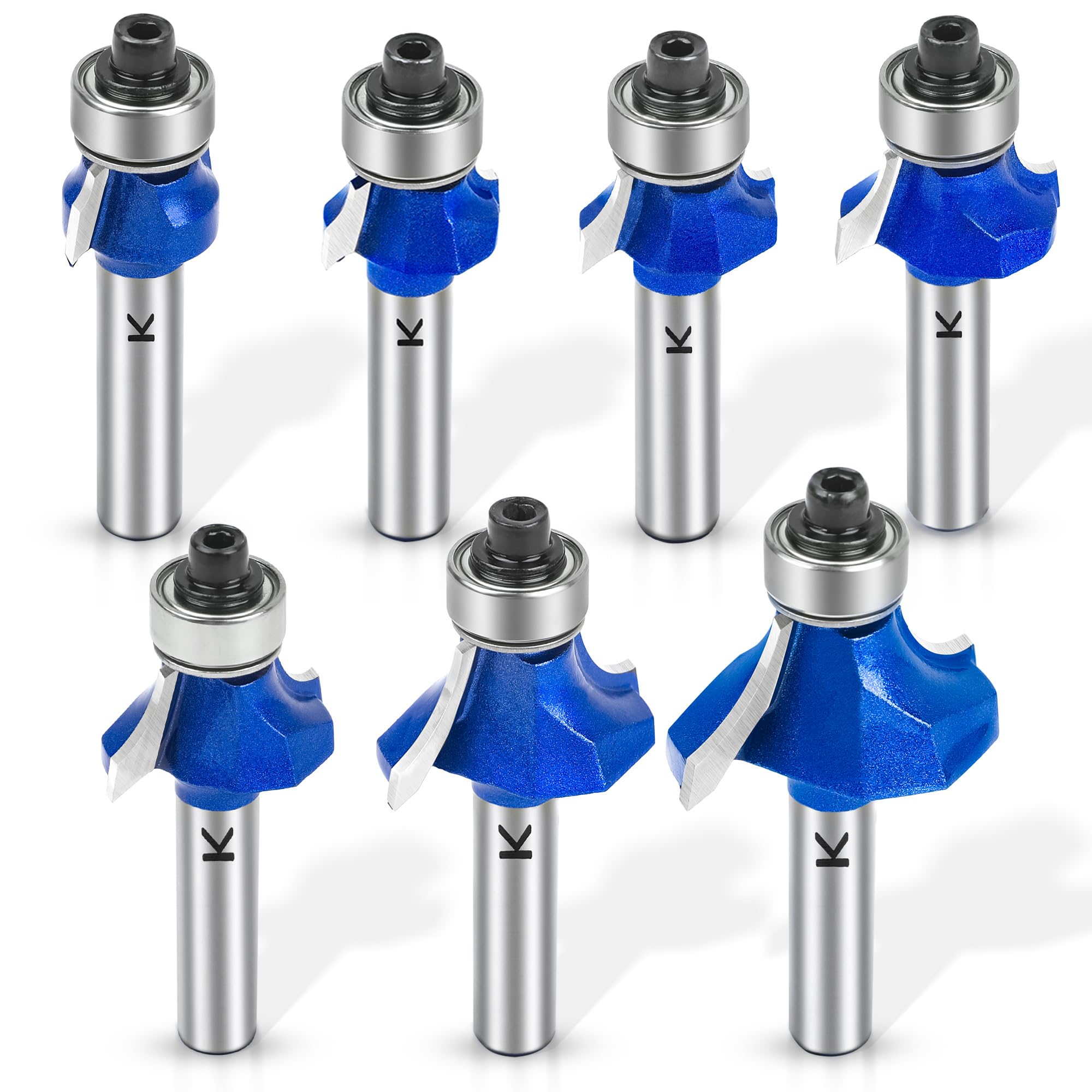 NICAVKIT 7-Piece Rounding Cutter Standard Round Cutter Set 8 mm Shank, Radius 2-3-4-5-6-8-10 mm Carbide Round Over Milling Cutter Bits Router Bits Edge Cutter for Woodworking