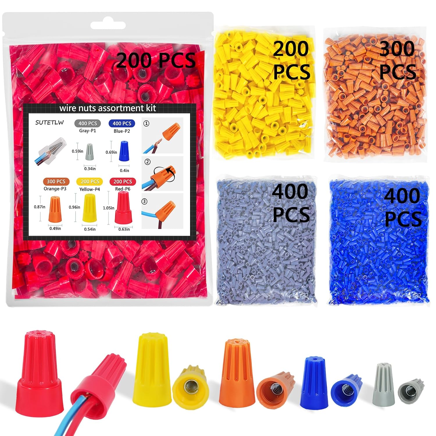 SUTETLW Wire Nuts Assortment Kit 1500PCS - 5 Sizes UL-Listed Insulated Twist Connectors for Secure Electrical Wiring
