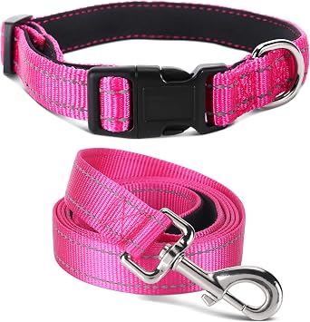 Soft Padded Large Dog Collar and Leash Set Hot Pink, 14-23.5"