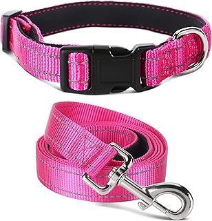 Jumpress Durable Reflective Dog Collar and Leash set with Double Layer Nylon, Soft Neoprene Padded Dog Collar with 5ft Strong Pet Leash Easy for Medium Large Dogs Walking,Hot Pink,Neck fit 12.5-19.5’’