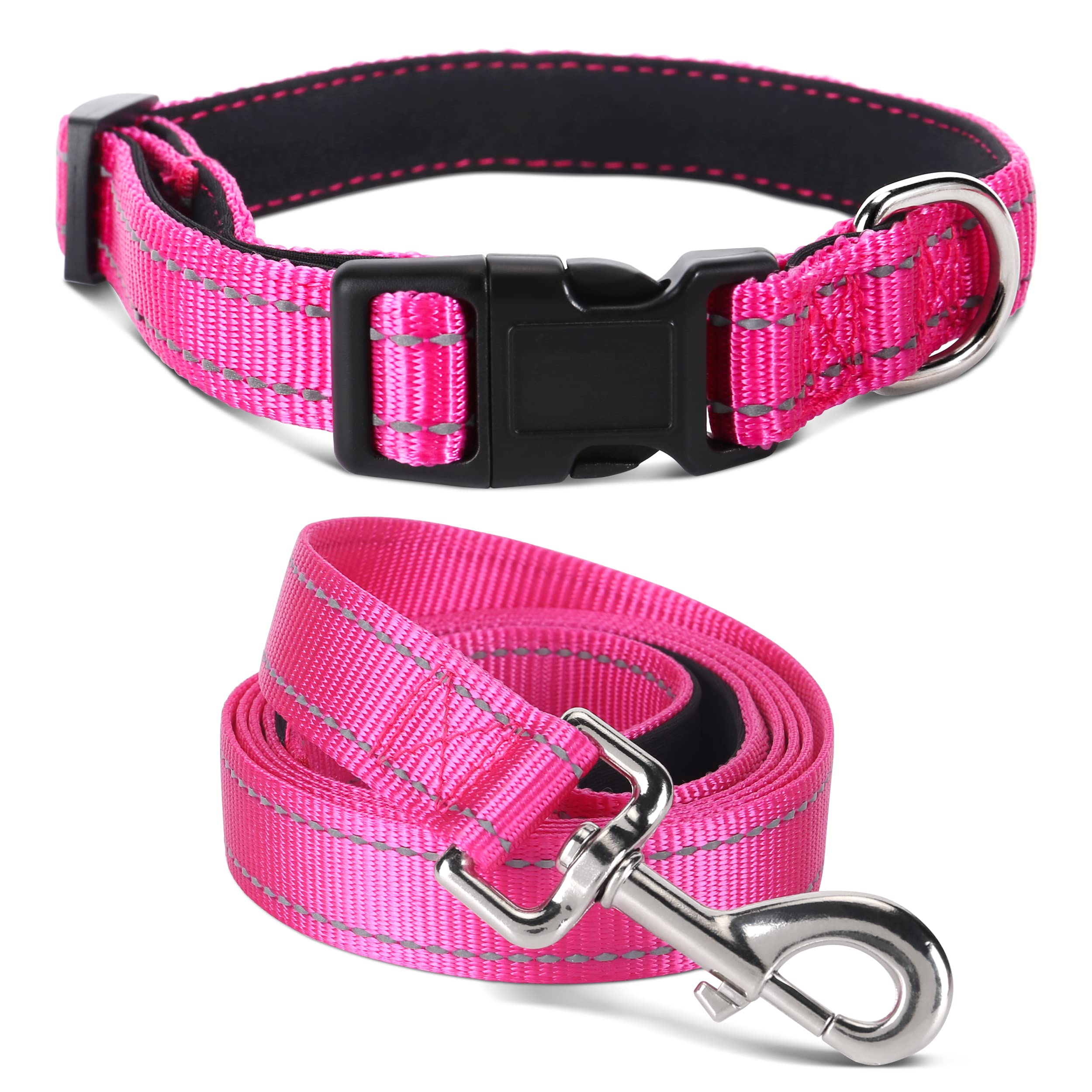 Jumpress Soft Neoprene Padded Dog Collar and Leash Set for Small Medium Large Dogs, Reflective Durable Nylon Dog Collar with 5ft Leash Easy for