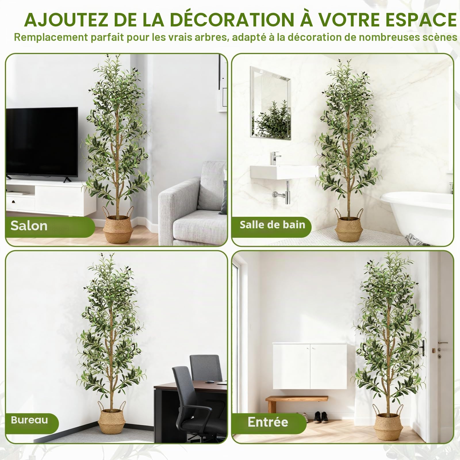 NZQXJXZ Olivier Artificiel 180 cm avec Lumières pour Maison Bureau | Plantes Artificielles Intérieur avec Pot & Panier, Fausse Plante Intérieur avec Tronc Naturel et Fruits Réalistes