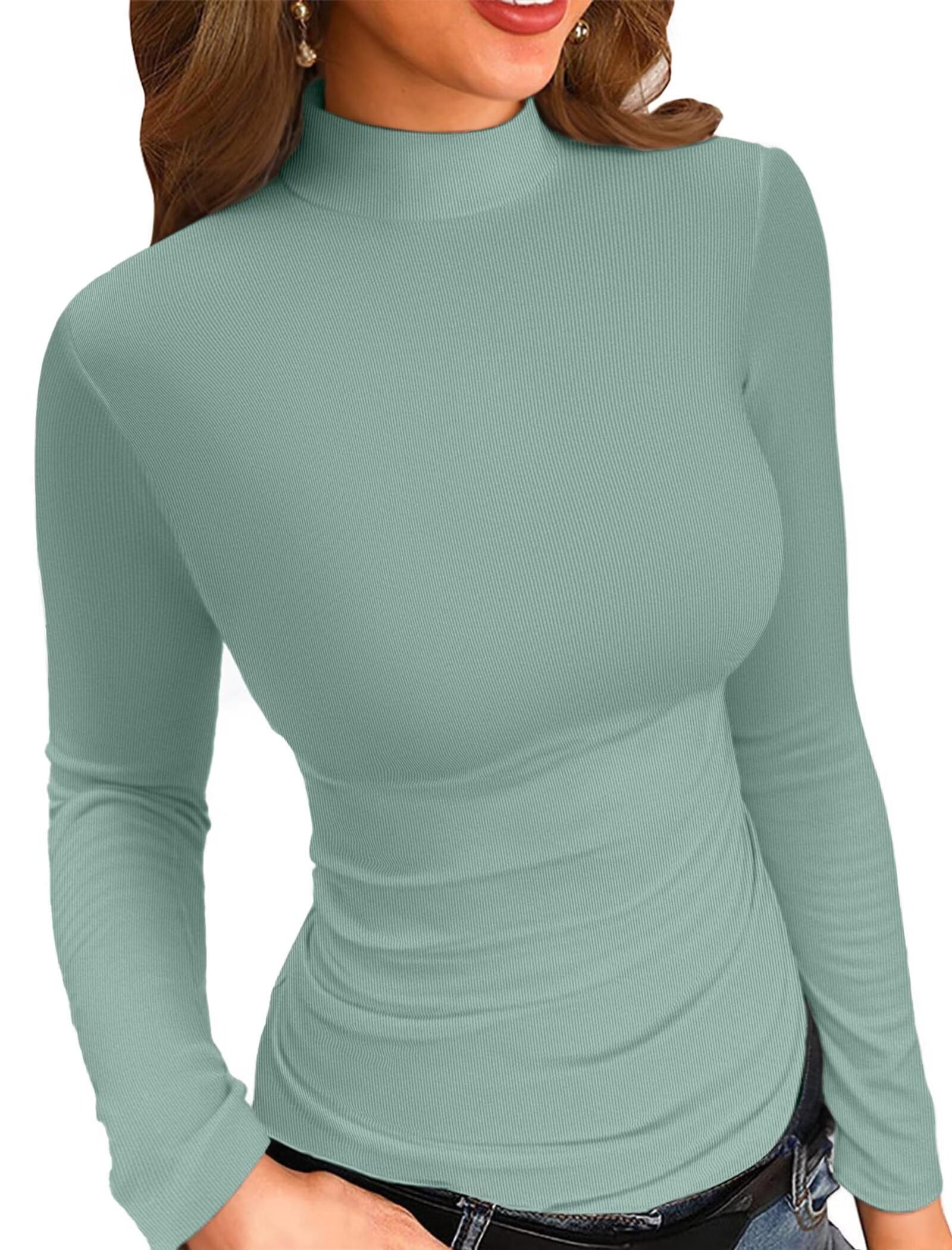 VICHYIE Womens Mock Neck Ribbed Long Sleeve Shirts Fall Slim Fitted Tops New Upgraded X-Large Moss