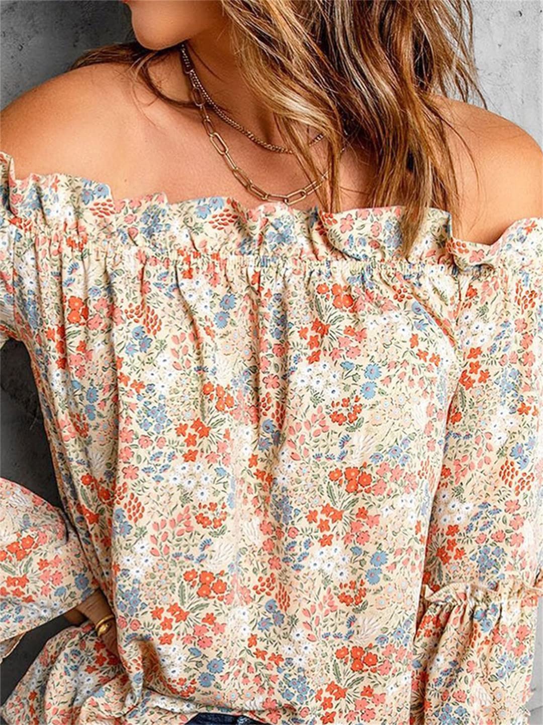 Camicetta in Chiffon con Maniche a Lanterna con Spalle Scoperte da Donna Top a Maniche Lunghe a Campana con Stampa Floreale Oversize
