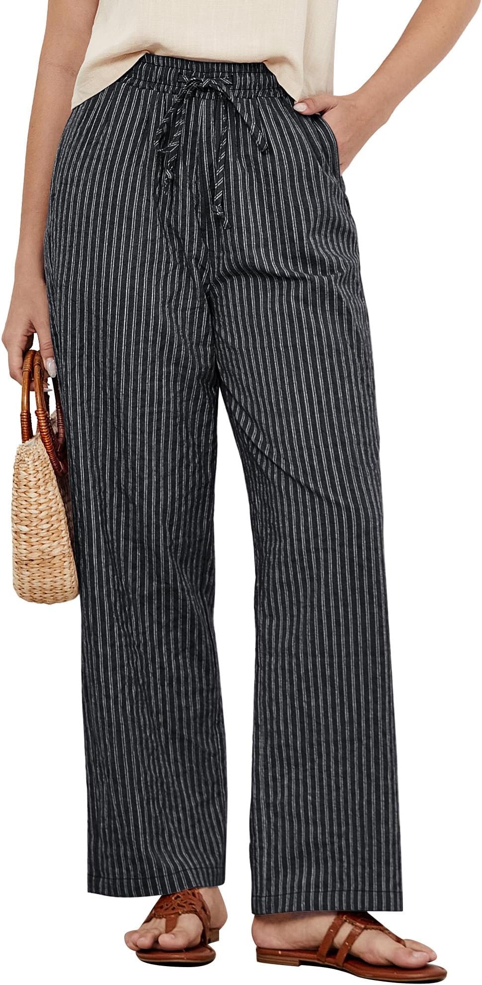 Striped Pants for Women High Waisted Wide Leg Cotton Linen Trendy Beach Pull on Elastic Waist Casual Flowy Pants
