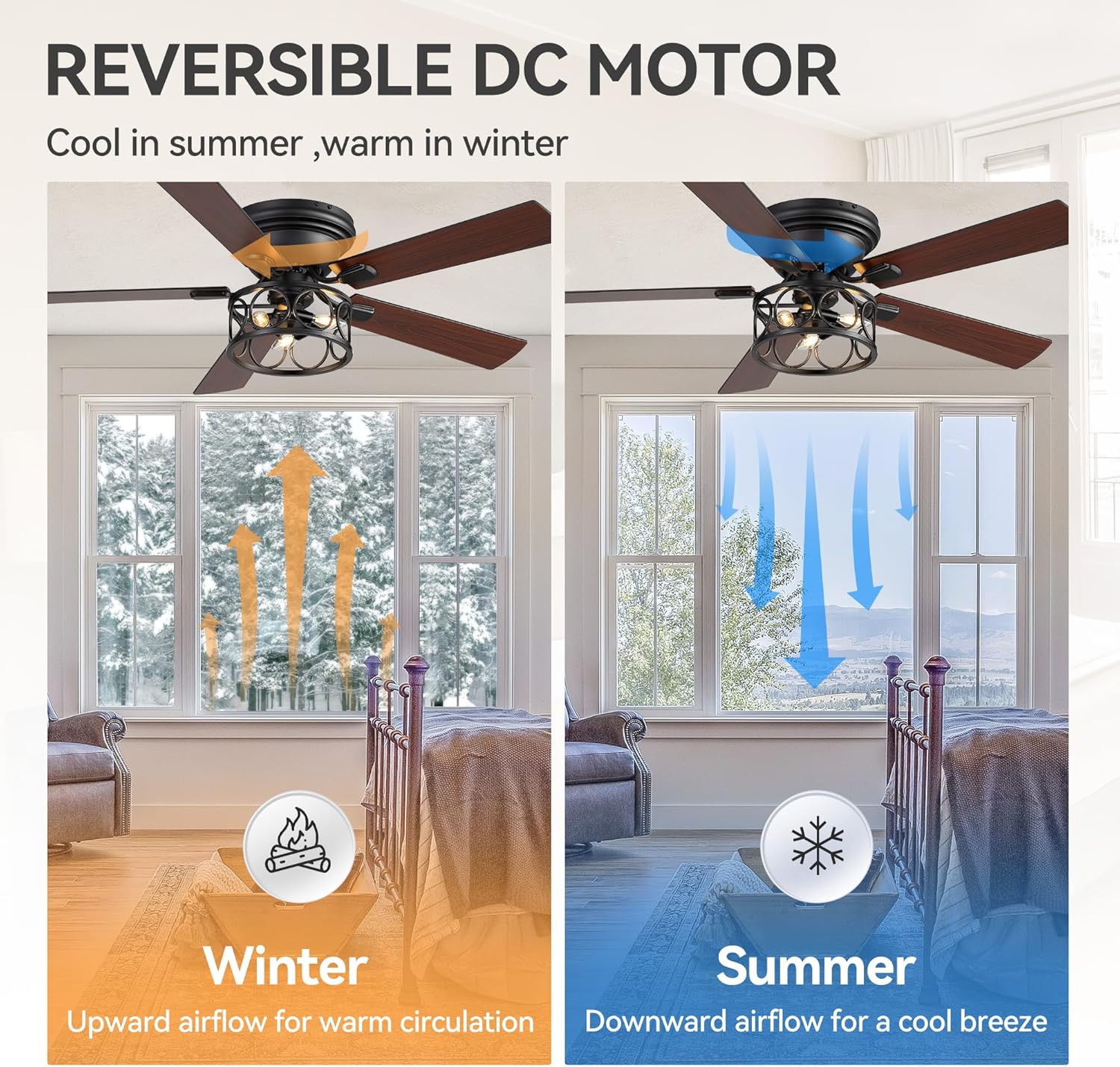 52 Inch Farmhouse Ceiling Fans with Lights and Remote, Black Ceiling Fan with Dual Finish Blades, 6 Speed Reversible DC Motor, Flush Mount Rustic Ceiling Fan for Living Rooms, Dining Room, Bedroom