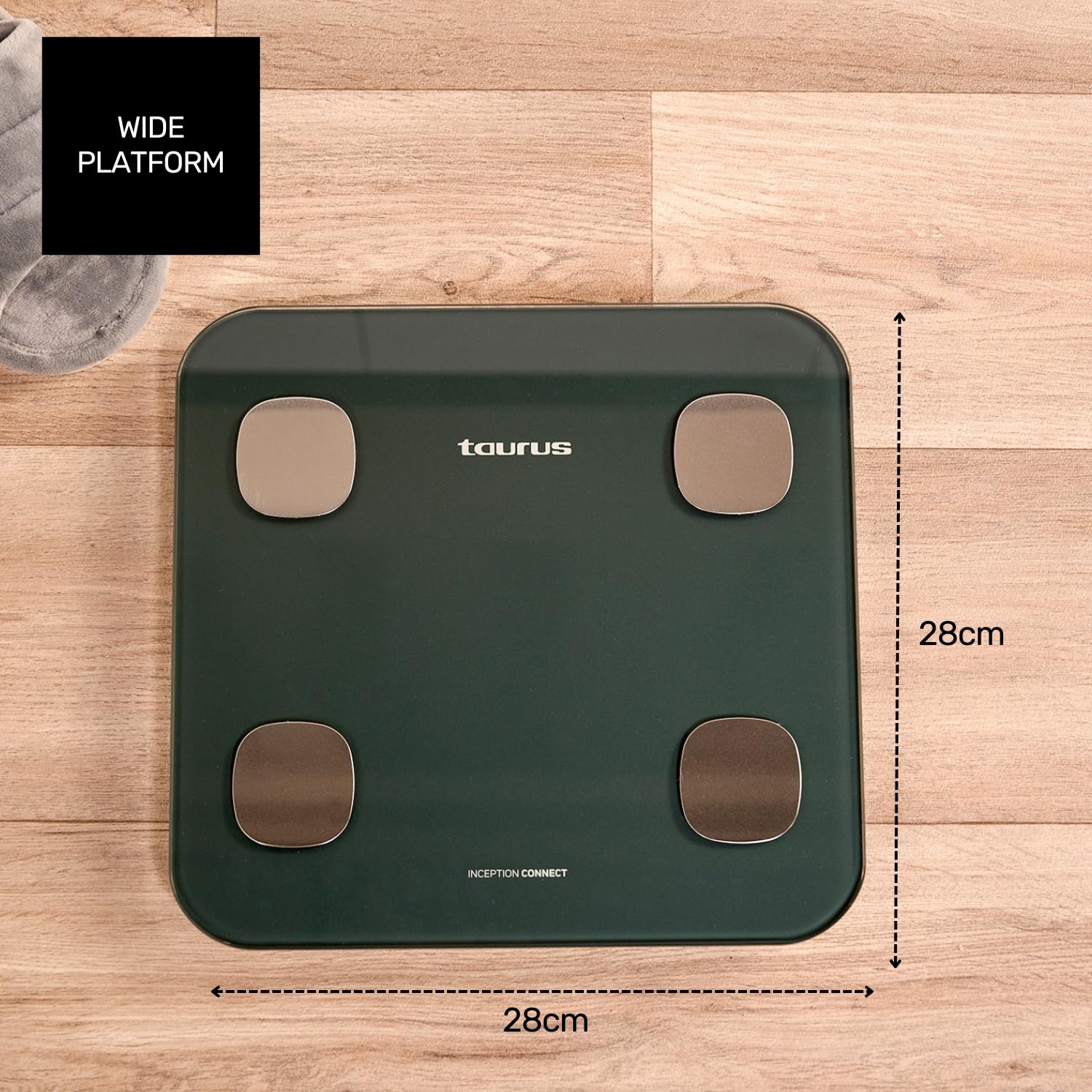Taurus Inception Connect – Báscula de Baño Digital, Grasa Corporal, Masa Muscular y Ósea, Alta Precisión, Pantalla Iluminada, Bluetooth, App, Memoria 14 Usuarios, Autoapagado, Pilas, Gris