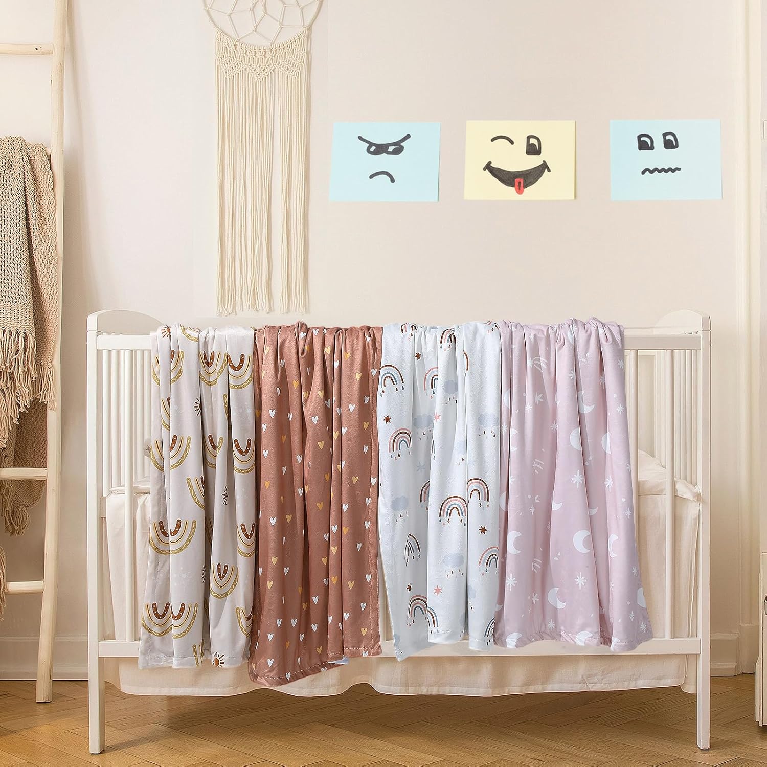 Tiamon 4 Pack Boho Rainbow Baby Blankets for Girl Boy Newborn Unisex Baby Quilts Boho Toddler Blanket Double Layer Dot Back 30 x 40 in Soft Gender Neutral Shower Gift Nursery Stroller