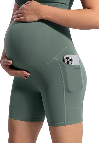 POSHDIVAH Womens Creamluxe Maternity Biker Shorts Over The Belly with Pockets - 6"/8" Summer Pregnancy Yoga Workout Short