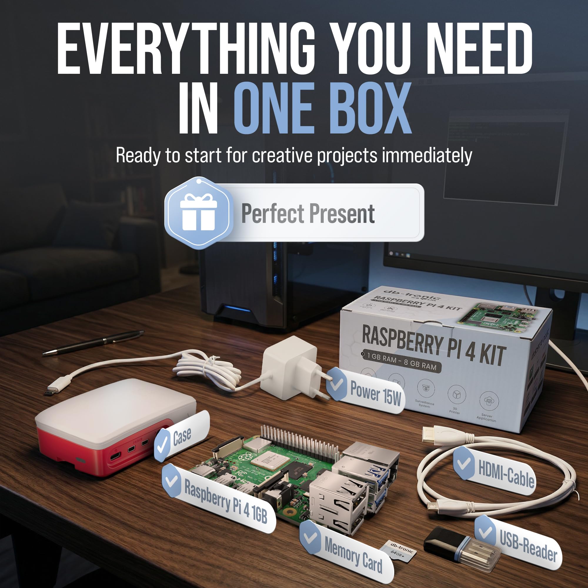 db-tronic Raspberry Pi 4 Starter Kit | Edycja 64 GB | Zasilacz 15 W | Obudowa | Micro HDMI 4K | Radiatory | idealny do Home Assistant i smart home (1GB)