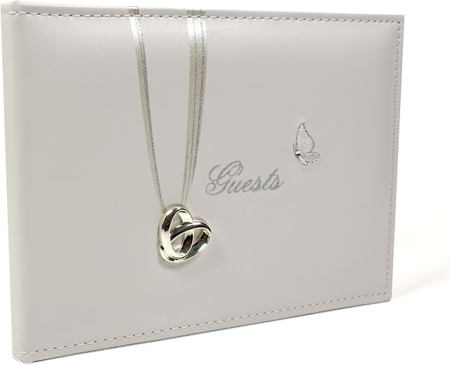 Cream Leather Wedding Guest Book With Ring and Butterfly 40 Pages