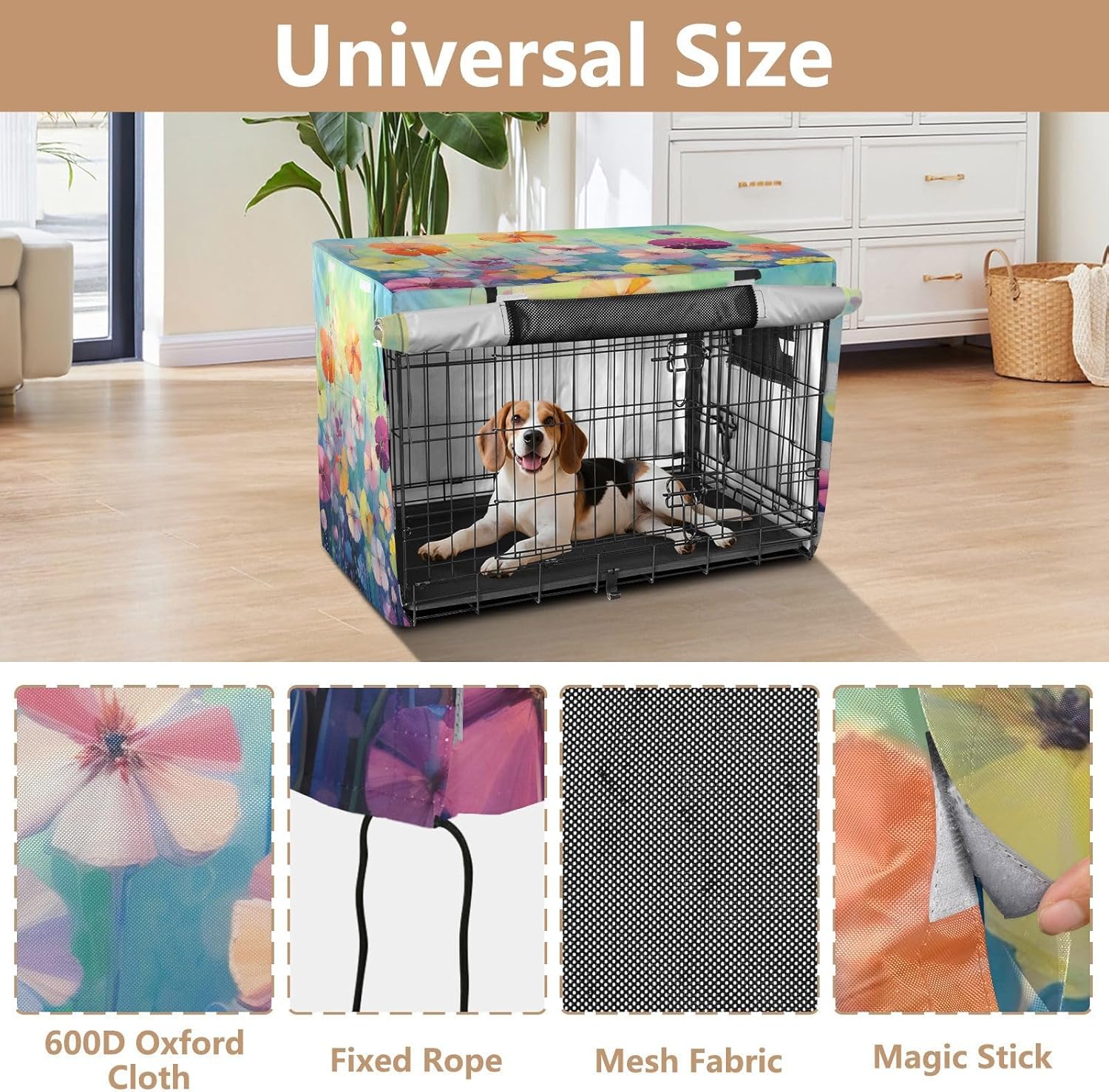 Colorful Flowers Clouds Dog Crate Cover Roll-up Sides, Cage Cover for Puppies Training, X-Large