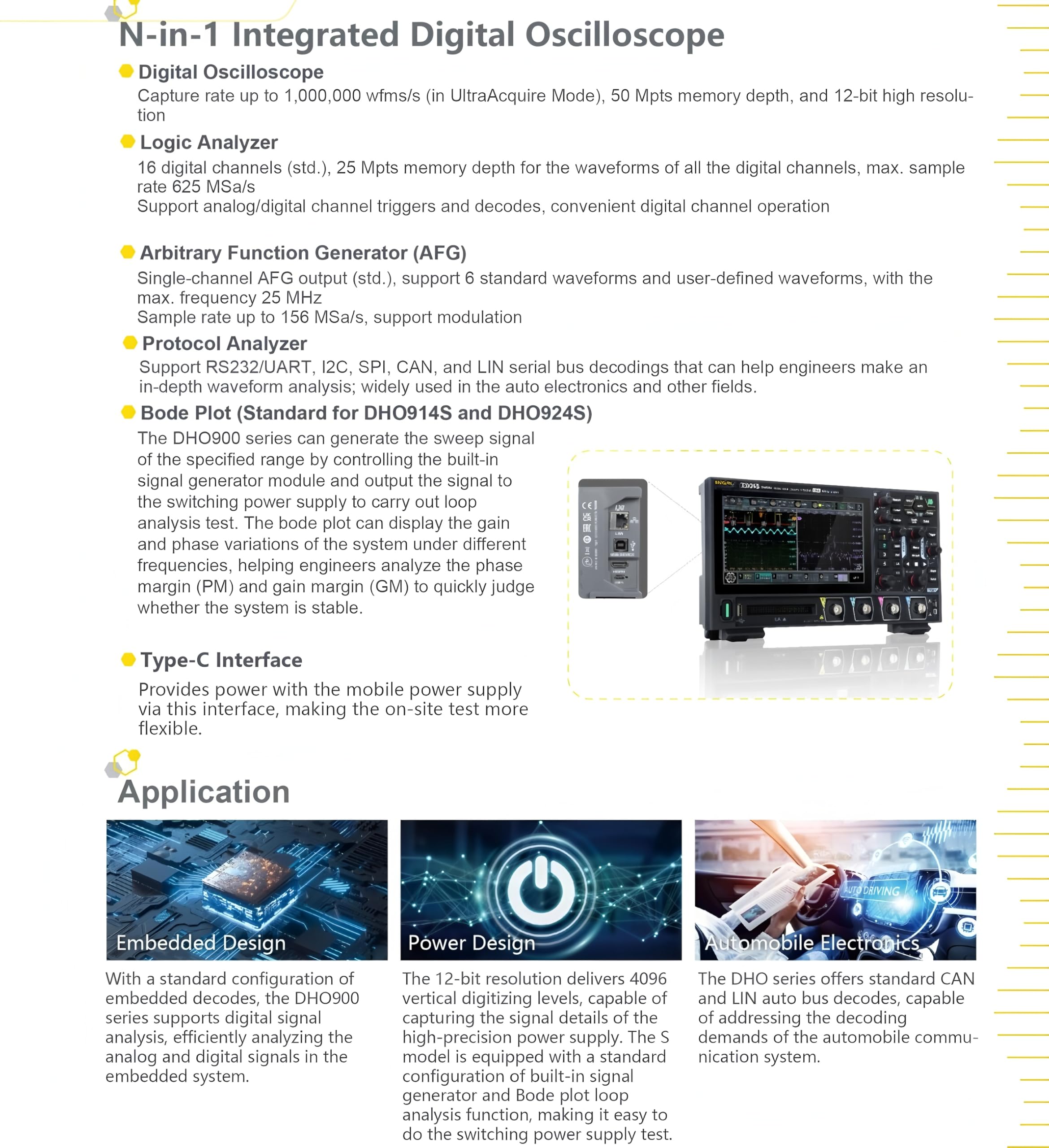 4-Kanal-Oszilloskop mit 250 MHz Bandbreite, 1,25 GSa/s Abtastrate, 12-Bit-A/D-Wandler, 50 Mpts Speichertiefe und einem 17,8 cm Touchdisplay mit 1024x600 Pixeln (DHO924)