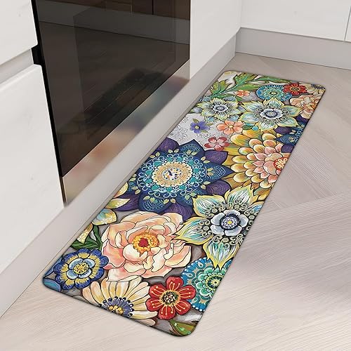 Miniatura 35 de Alfombras de cocina bohemias florales para suelo, 2 piezas de espuma viscoelástica, acolchadas, antifatiga, antideslizantes, acolchadas, cómodas