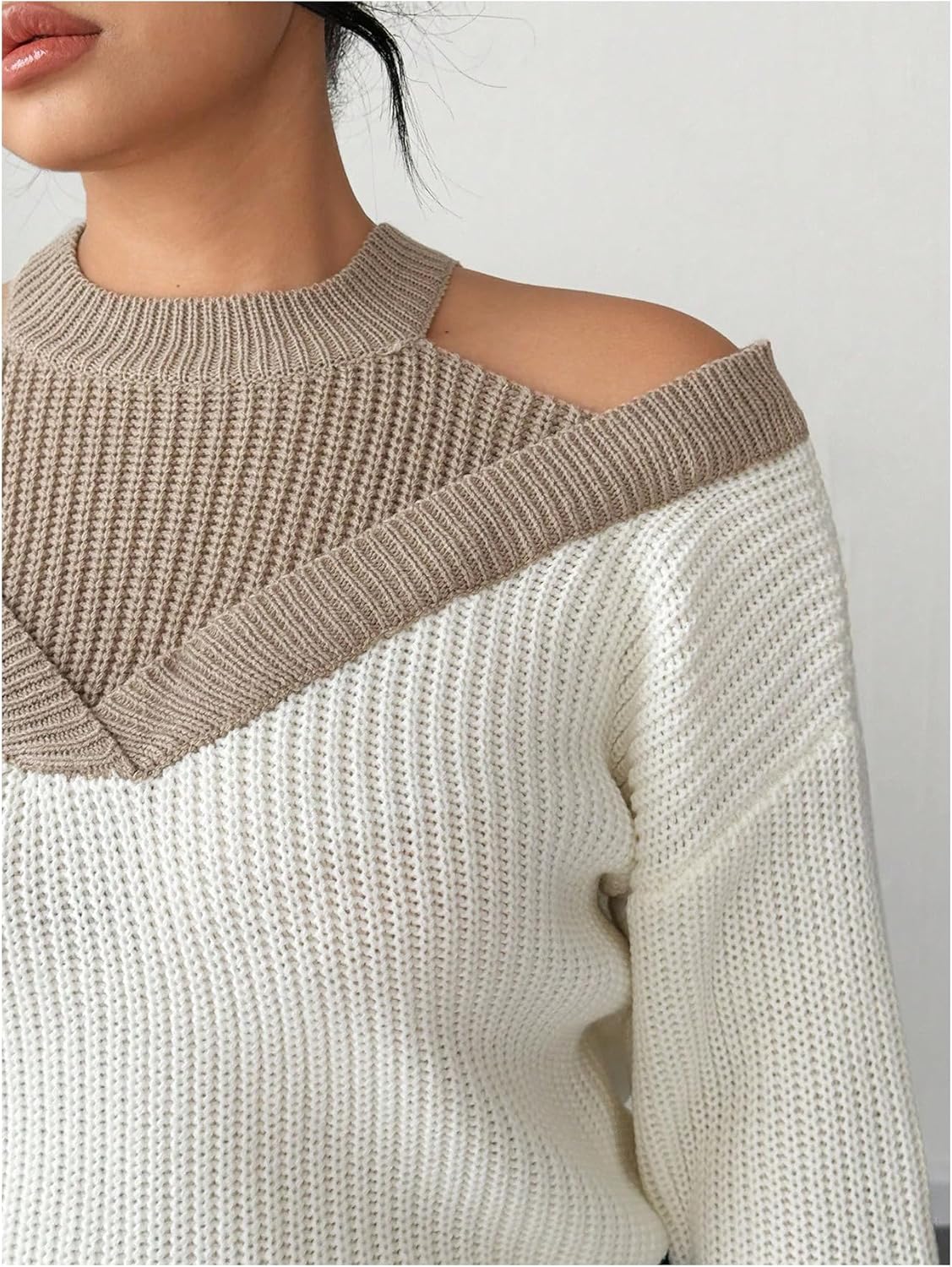 SOLY HUX Women's Plus Size Cold Shoulder Sweater Pullover Color Block Long Sleeve Ribbed Knit Top Fall Clothes