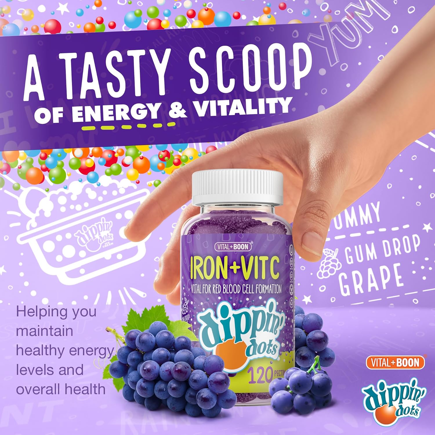 Iron with Vitamin C & B12 Gummies (120 Count) Vital for Red Blood Cell Formation | Gum Drop Grape Real Pectin Fruit Chew Supplements | Vegan, Non-GMO, Gluten Free & Gelatin Free - Image 5