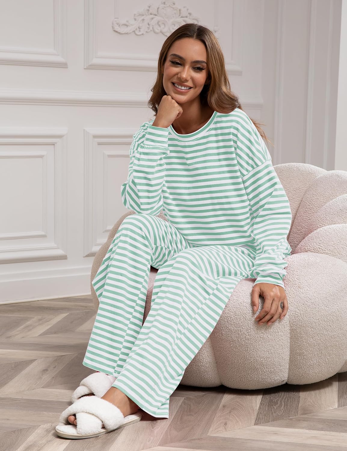 MISSACTIVER Women's Striped 2 Piece Lounge Set Casual Long Sleeve T-Shirt Drawstring Wide Leg Pants Matching Pajamas Set - Image 5