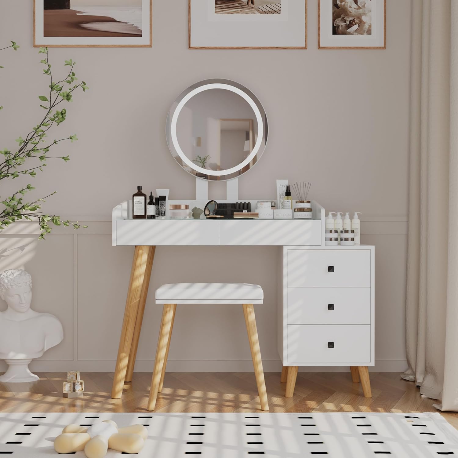32" Dressing Table with LED Lights, Glass Top Tables with Extendable Side Table, Makeup Vanity with Storage, Versatile Table with 5 Drawers & Round Mirror and Stool for Bedroom Makeup Room, White