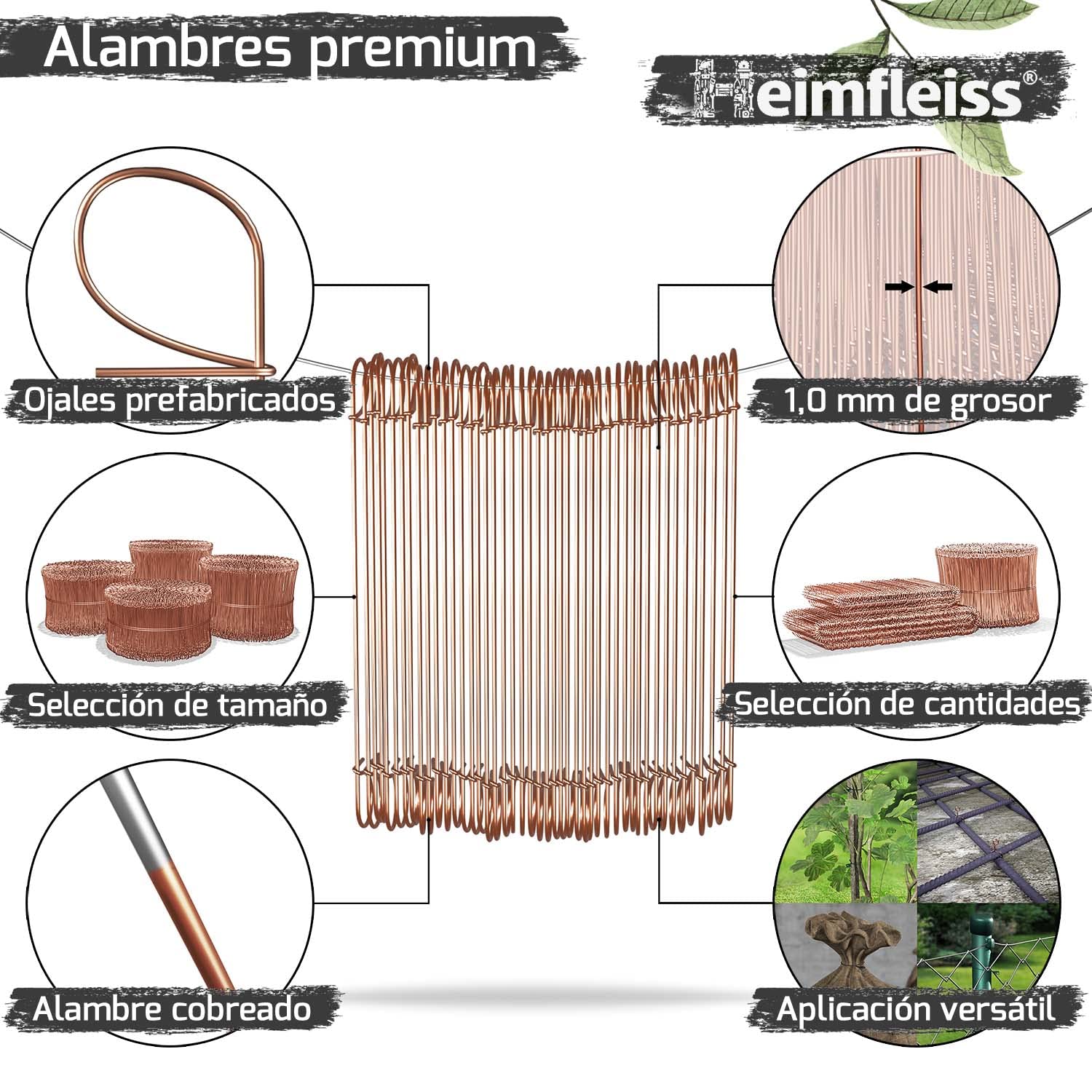 Heimfleiss® atadora alambre + alambre de sujeción cobreado 1,0 x 100-160 mm (1000 uds.) - Set trenzador alambre, amarrador de alambre y alambre de sujeción - Atador alambre, alambre de torsión de ojal