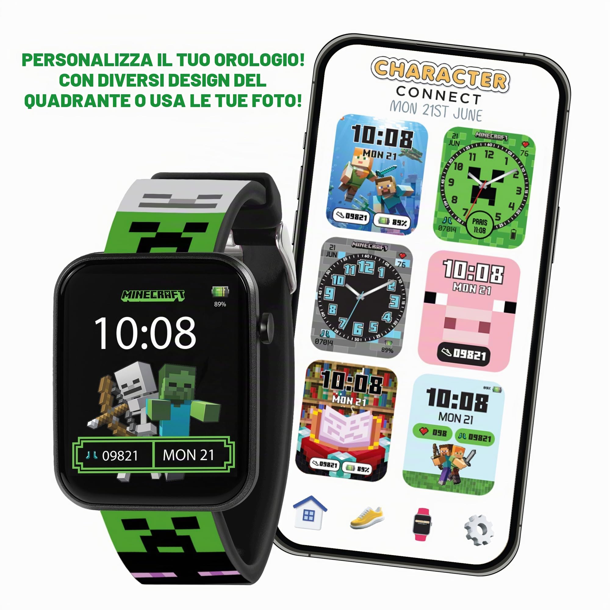 Accutime Minecraft MIN4363ARG - Orologio intelligente per bambini con cinturino stampato verde