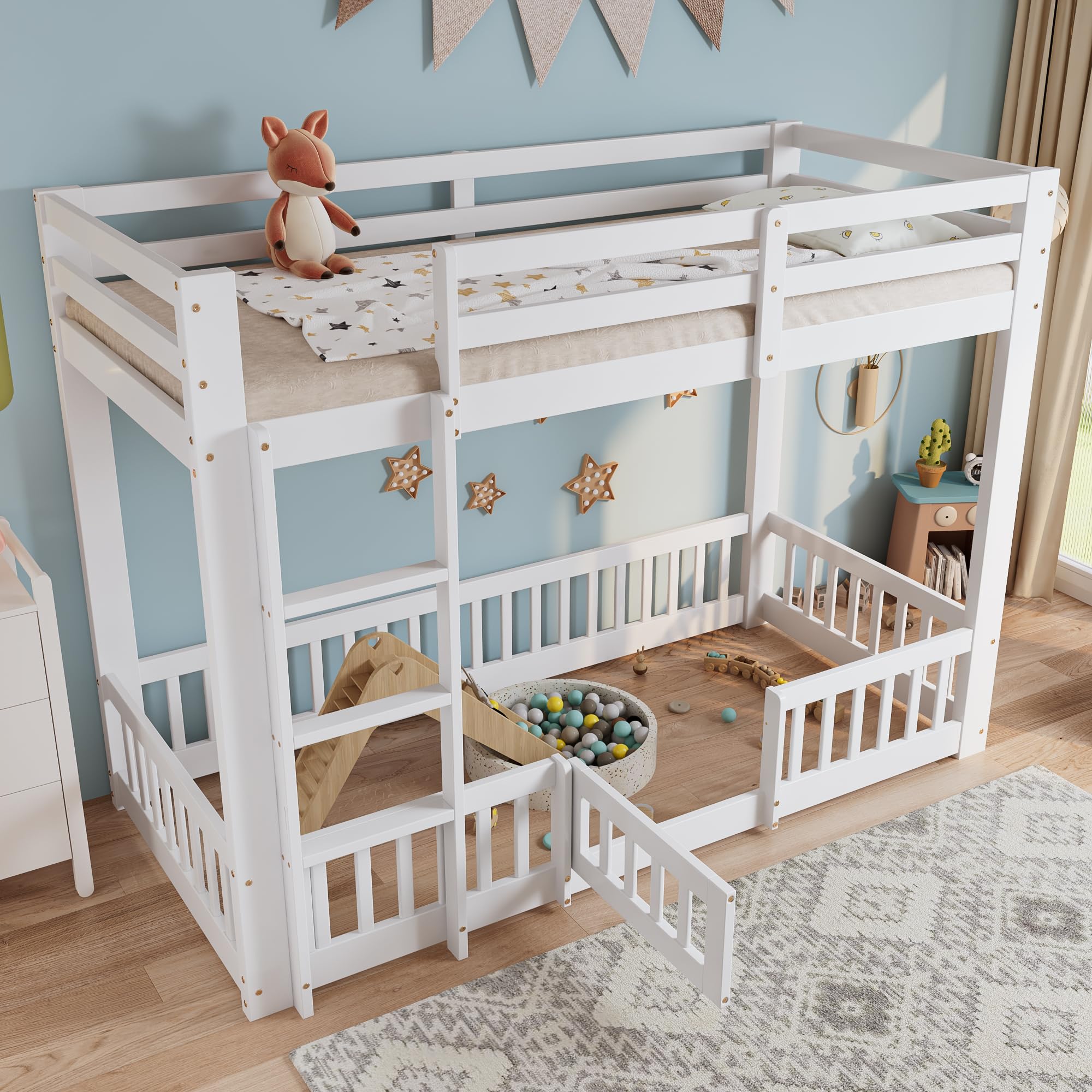 Etagenbett 90x200 cm, Kinderbett für 2 Kinder, Massivholz Einzelbett, Hochbett mit Rausfallschutz, Stockbett mit Zäune und Türchen, Jugendbett, ohne Matratze, Weiß