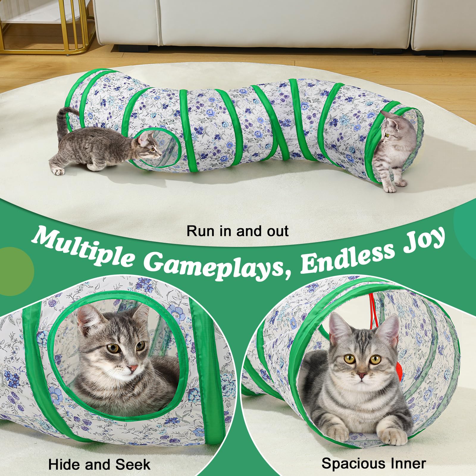 Pawaboo Cat Tunnel, S-Shaped Cat Tube Tunnel 25*97cm(9.8''*38.2'') with Balls and Bells - Image 2