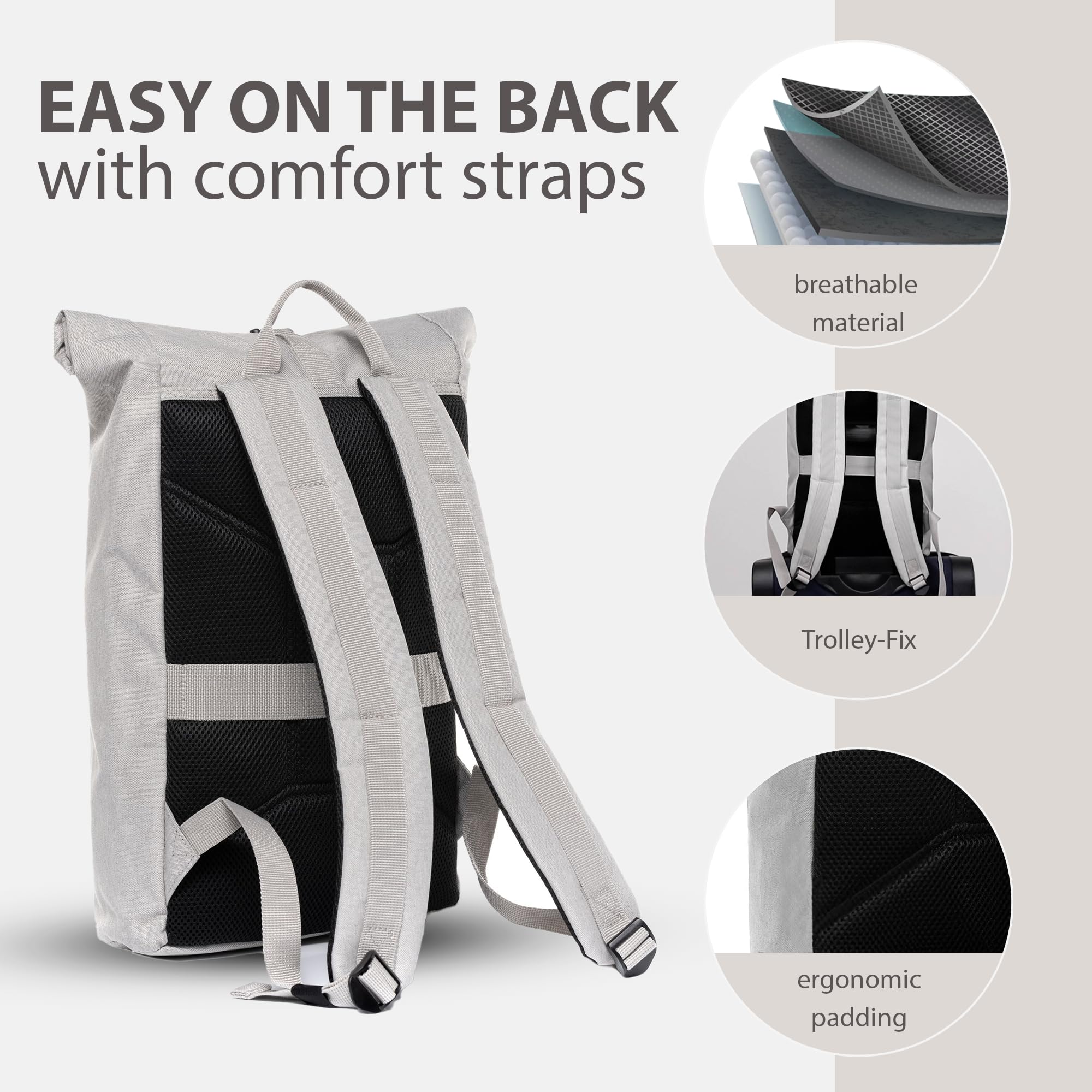 Mochila Roll-Top Daypack Alani - Pet Reciclado, Repelente al Agua - con Funda extraíble para portátil - Plana y Ligera, Mochila para Bicicleta Gris Claro