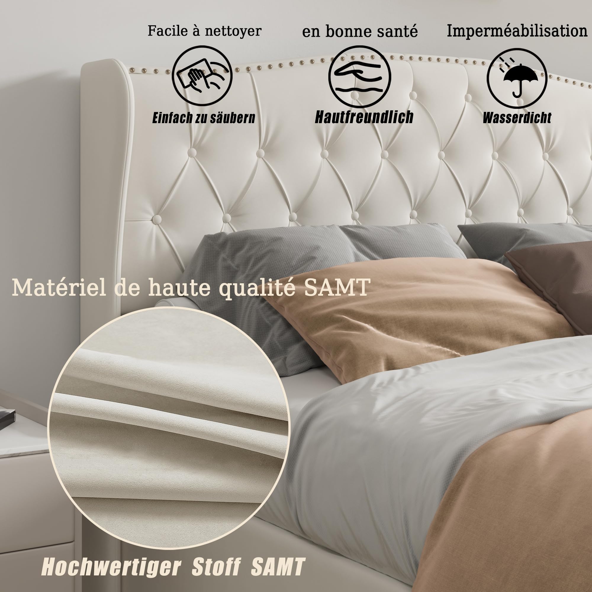 Letto Matrimoniale Imbottito 160 x 200 cm, Sistema di Vano Contenitore Idraulico, Doghe in Legno, Funzionale, Bianco Crema