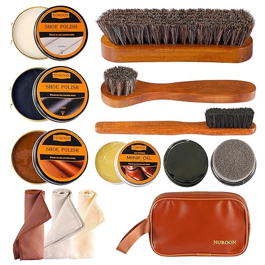 13Pcs Shoe Care Kit for Men & Women,3 Horsehair Shoe Polish Brush,Black Brown Neutral Mink Oil for Shoes,Care for Leather Boots, Shoe Cleaning Kit as Gift for Men with Shine Sponges & Care Cloth