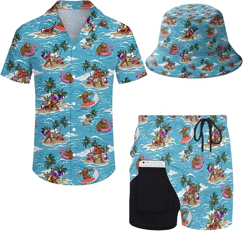 Nhjk Sasquatch Islands Men's Hawaiian Matching Set Shirt and Short Beach Casual 